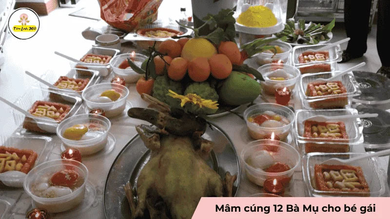 mam cung 12 ba mu cho be gai day du le vat xoi che trai cay Mâm cúng 12 bà mụ cho bé gái đầy đủ lễ vật xôi chè trái cây